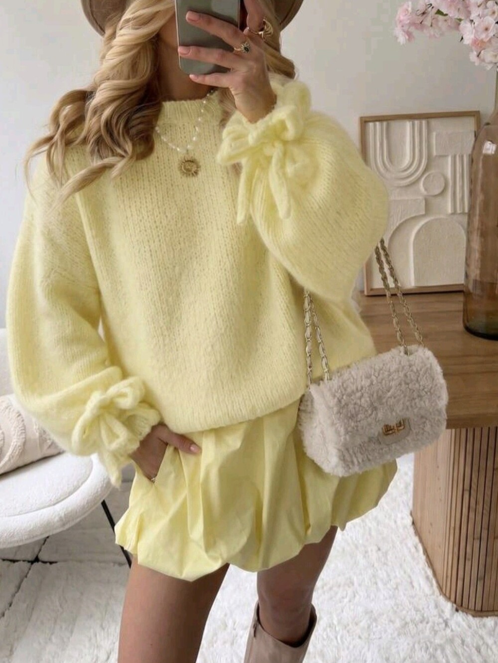Women's Elegant Cute Yellow Chunky Knit Fluffy Sweater, Lantern Sleeves